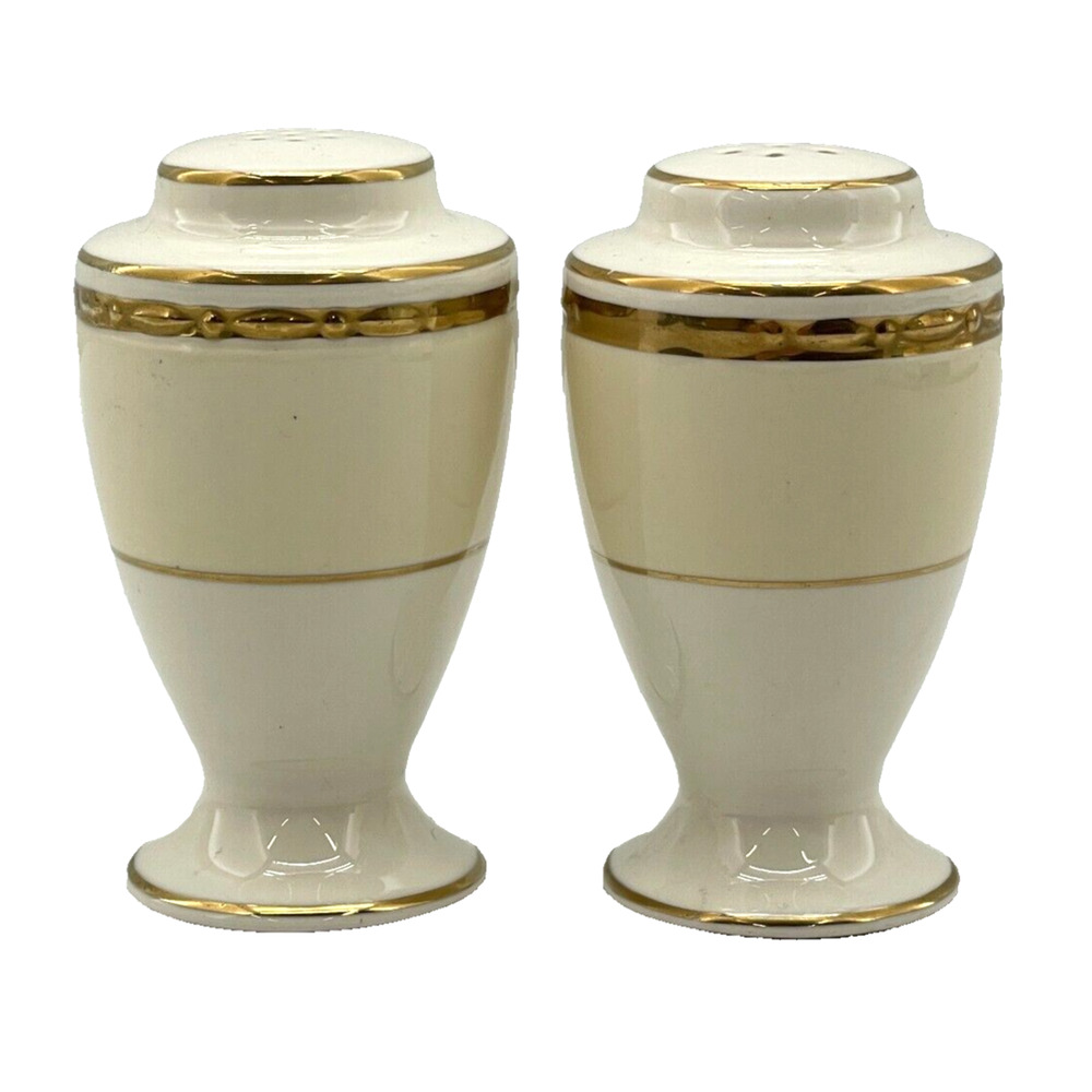 Salt and Pepper Shaker Set Creamy White w/ Gold Trim Kitchen Cookware 3.5" Tall